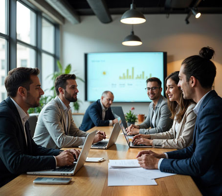 Professional team collaborating in a modern office